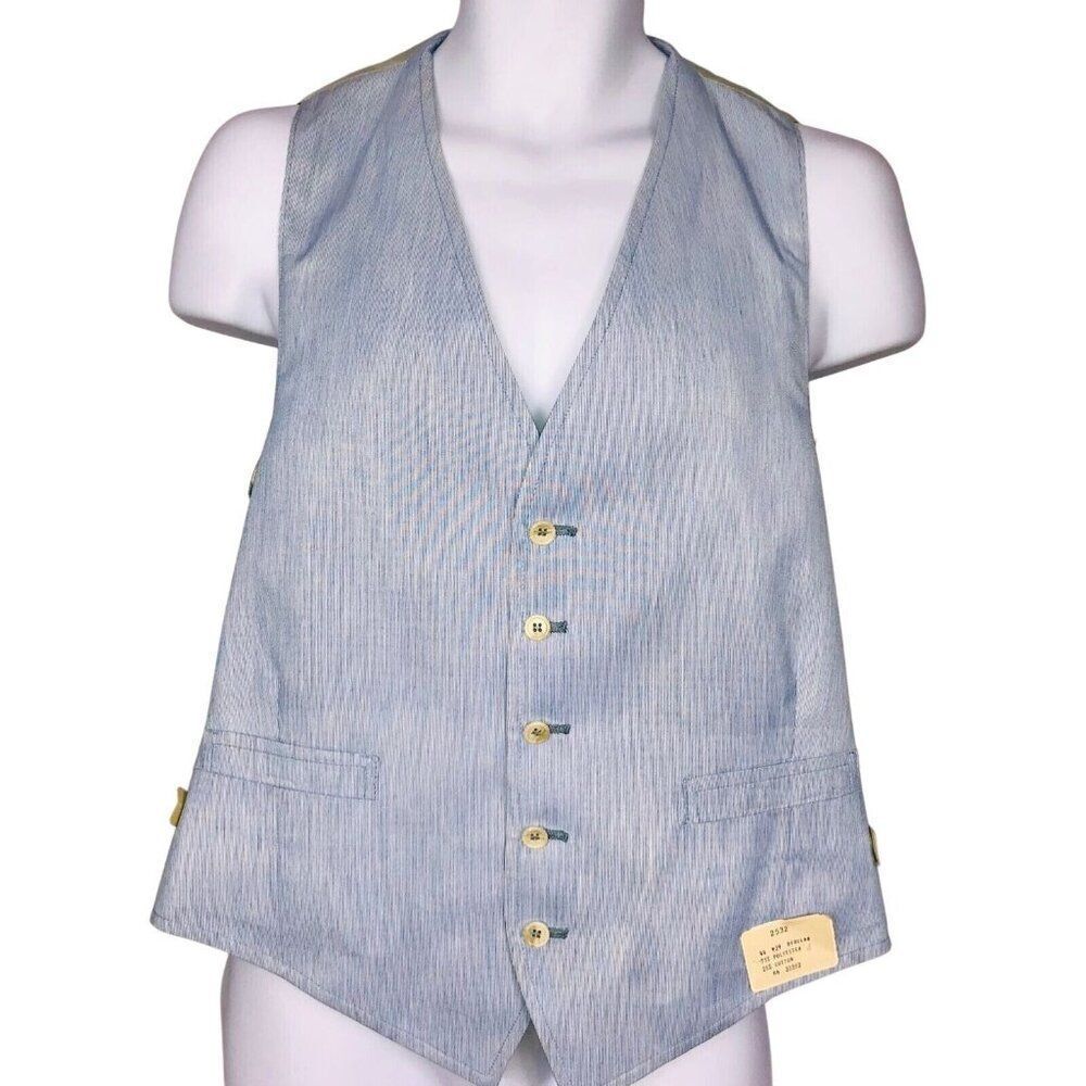 Vintage 70s Waistcoat Vest Mens 44 Blue Pinstripe New Deadstock